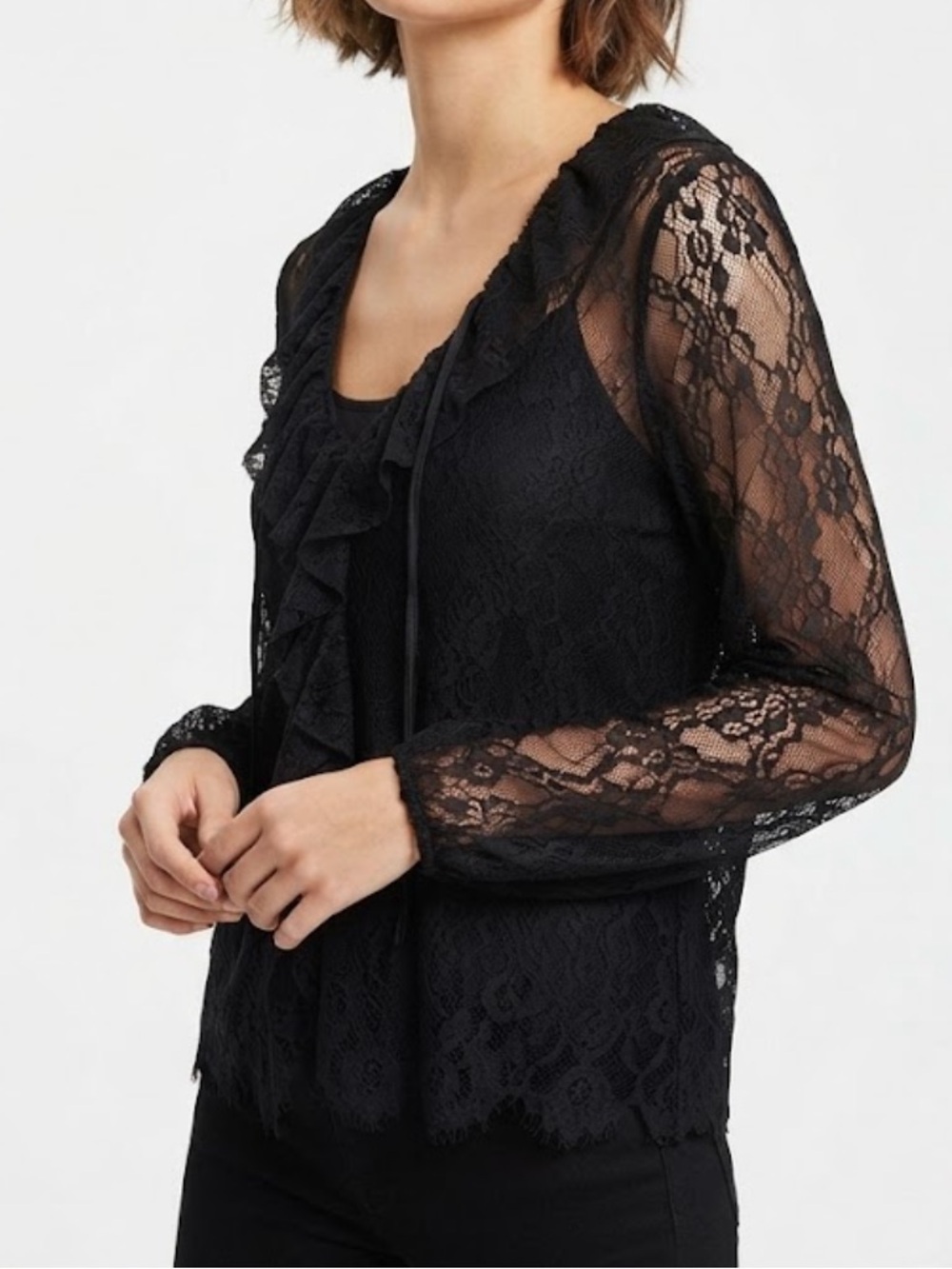 Women’s Black Lace Ruffle-Neck Women's Top Size Large
